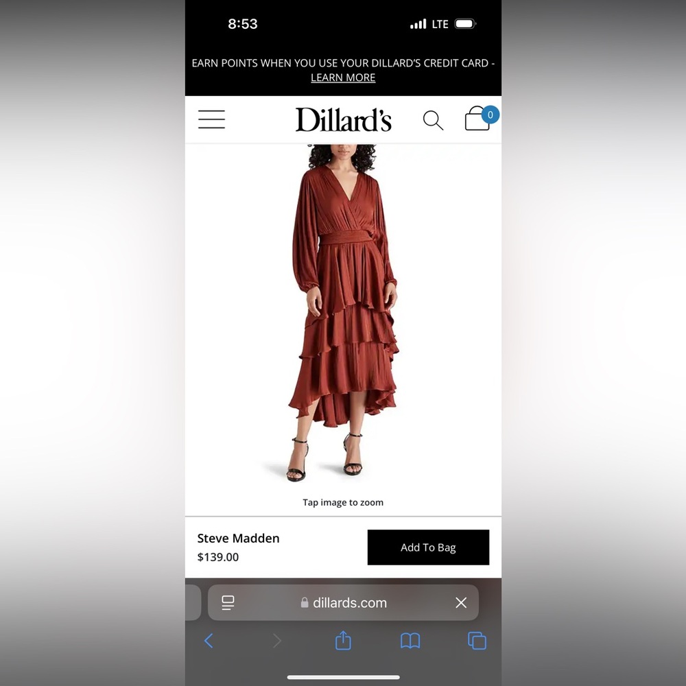 Steve Madden Bei Washed Satin V Neck Long Sleeve Tiered Midi Dress